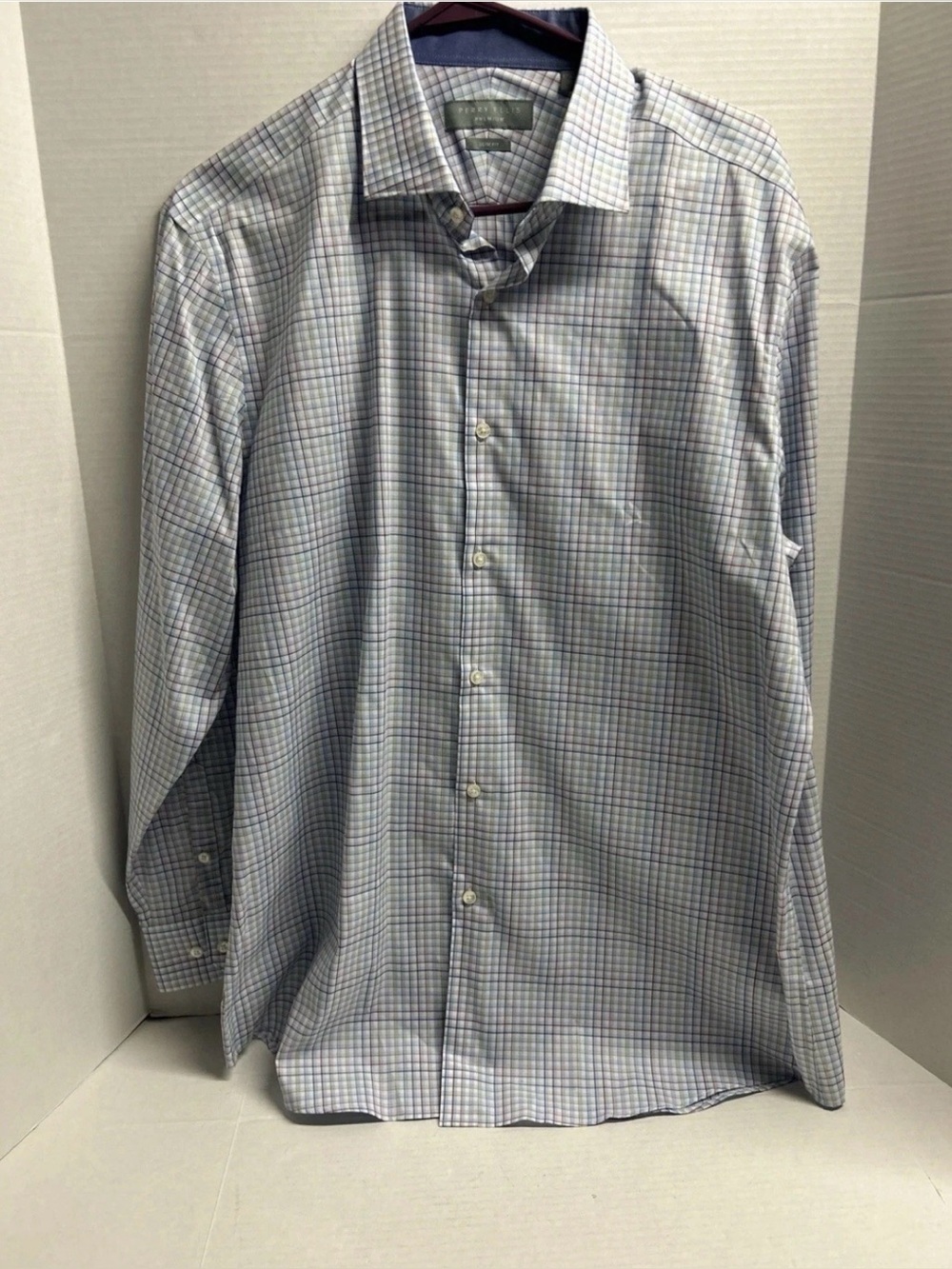 Perry Ellis Portfolio Mens Slim Fit Long Sleeve Shirt Red Blue Check 17 34/35